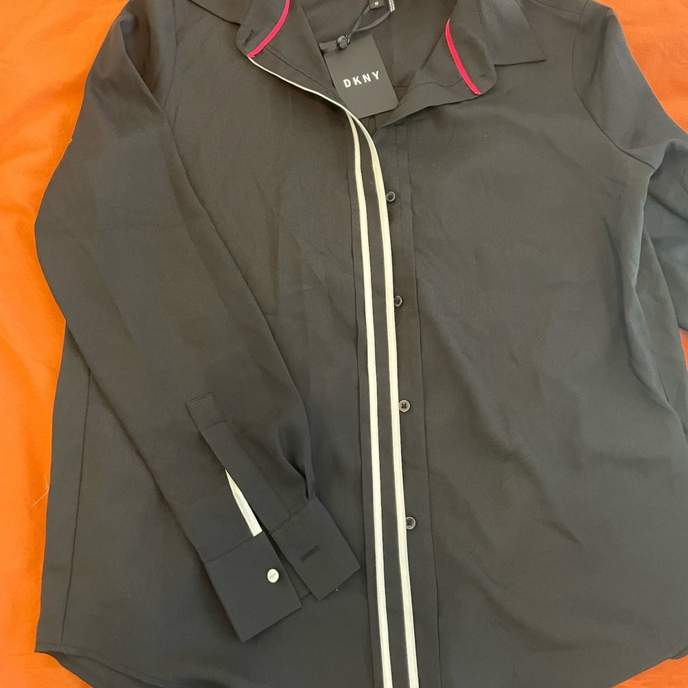 DKNY Black Blouse with Pink Trim and White Details